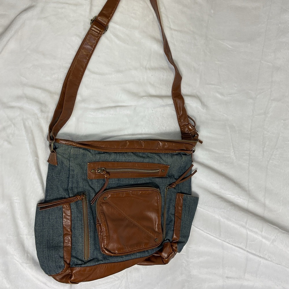 Vintage Denim Messenger Bag Brown Faux Leather Adjustable Strap Pockets 13 X 16 - Picture 8 of 8
